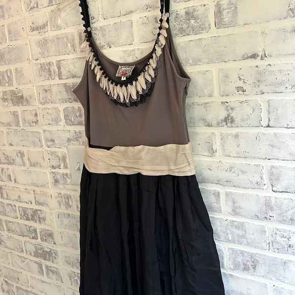 Anthropologie Yoana Baraschi Fit & Flare dress Gray Cream Beaded Ruffle - Picture 2 of 11